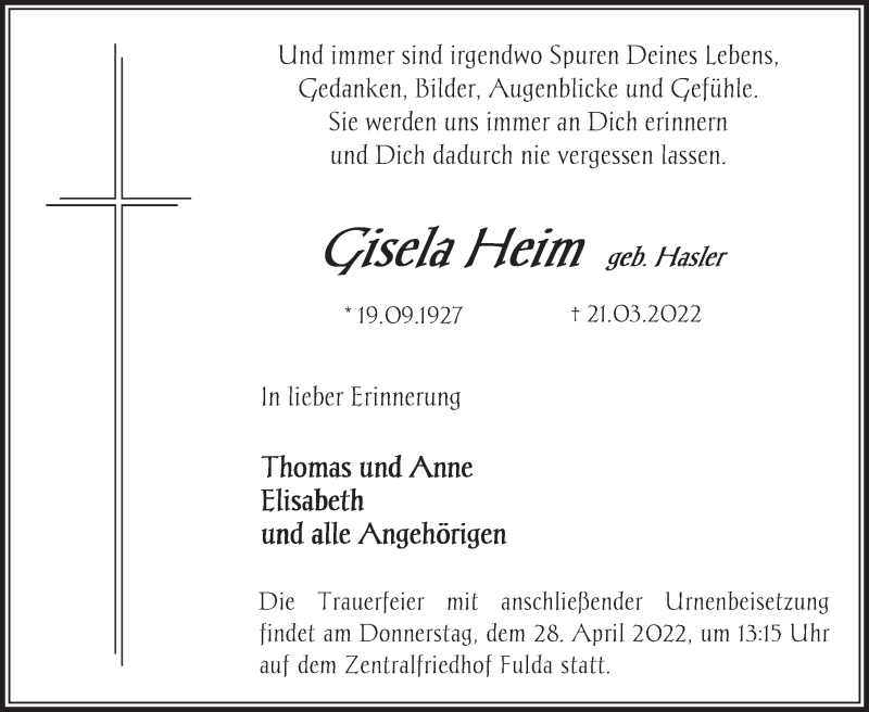  Traueranzeige für Gisela Heim vom 21.04.2022 aus FZ