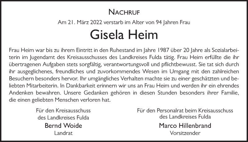  Traueranzeige für Gisela Heim vom 29.04.2022 aus FZ