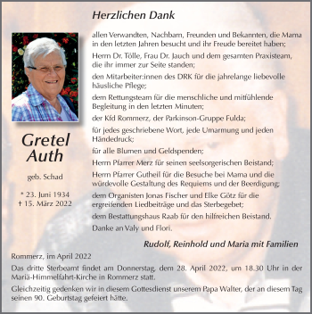 Traueranzeige von Gretel Auth von FZ