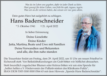 Traueranzeige von Hans Baderschneider von FZ