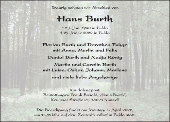 Traueranzeige von Hans Burth von FZ