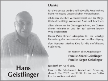 Traueranzeige von Hans Geistlinger von FZ