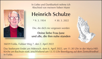 Traueranzeige von Heinrich Schulze von FZ