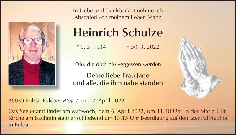  Traueranzeige für Heinrich Schulze vom 02.04.2022 aus FZ