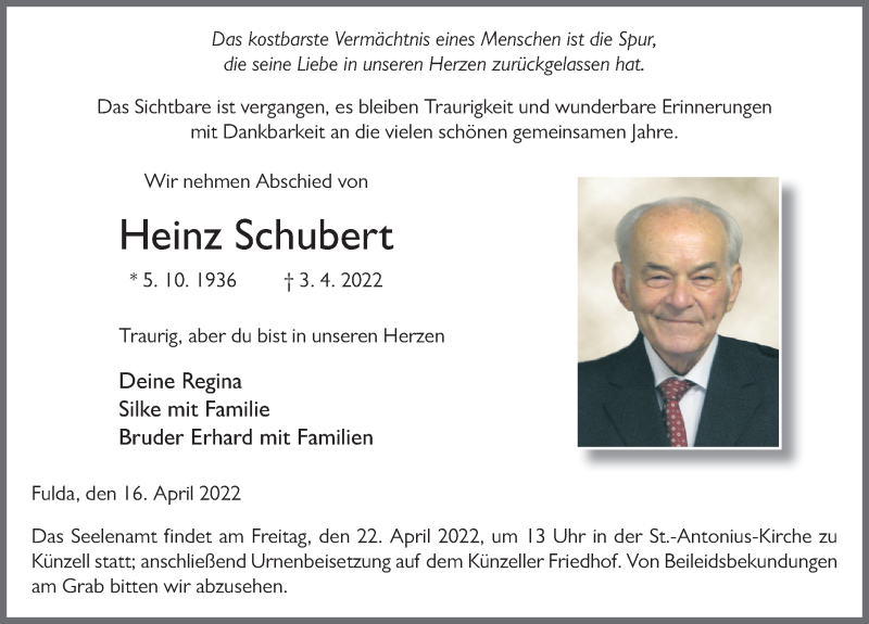  Traueranzeige für Heinz Schubert vom 16.04.2022 aus FZ