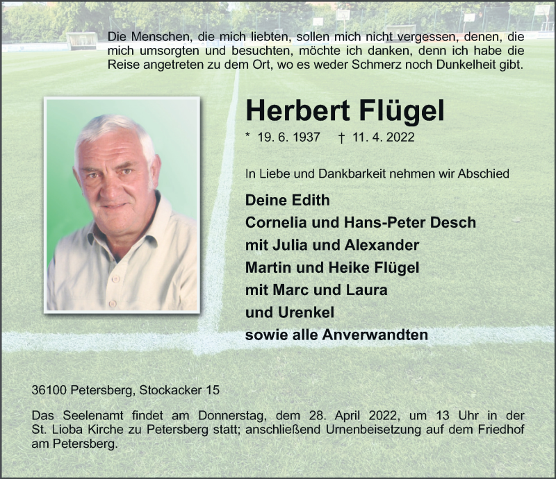  Traueranzeige für Herbert Flügel vom 25.04.2022 aus FZ