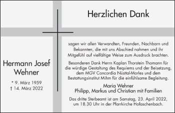 Traueranzeige von Hermann Josef Wehner von FZ