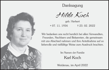 Traueranzeige von Hilde Koch von FZ
