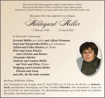 Traueranzeige von Hildegard Heller von FZ
