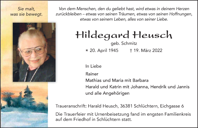  Traueranzeige für Hildegard Heusch vom 02.04.2022 aus FZ
