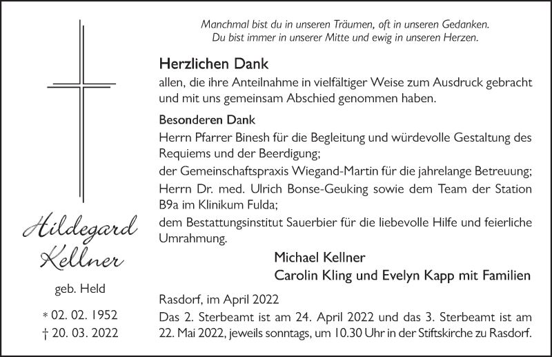  Traueranzeige für Hildegard Kellner vom 22.04.2022 aus FZ