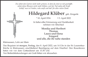 Traueranzeige von Hildegard Klüber von FZ