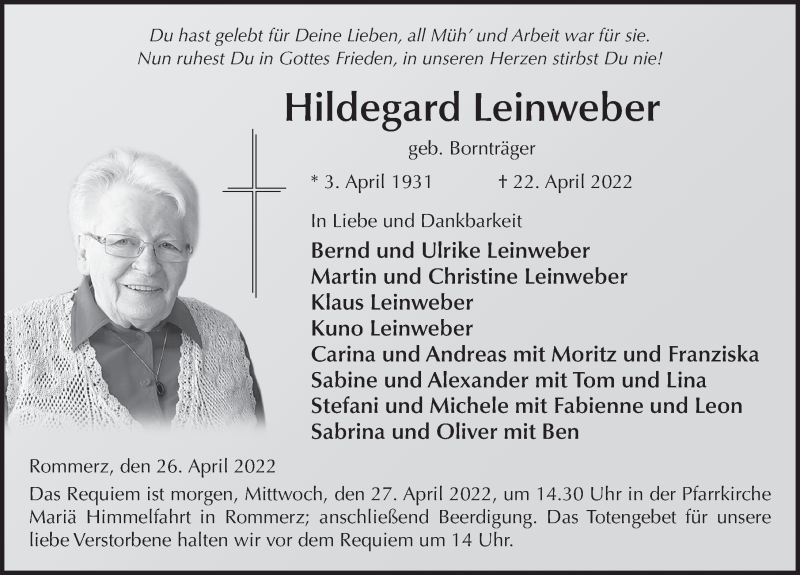 Traueranzeige für Hildegard Leinweber vom 26.04.2022 aus FZ