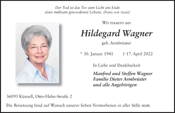 Traueranzeige von Hildegard Wagner von FZ