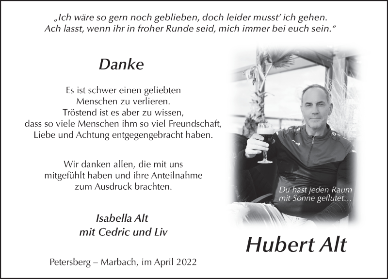  Traueranzeige für Hubert Alt vom 09.04.2022 aus FZ