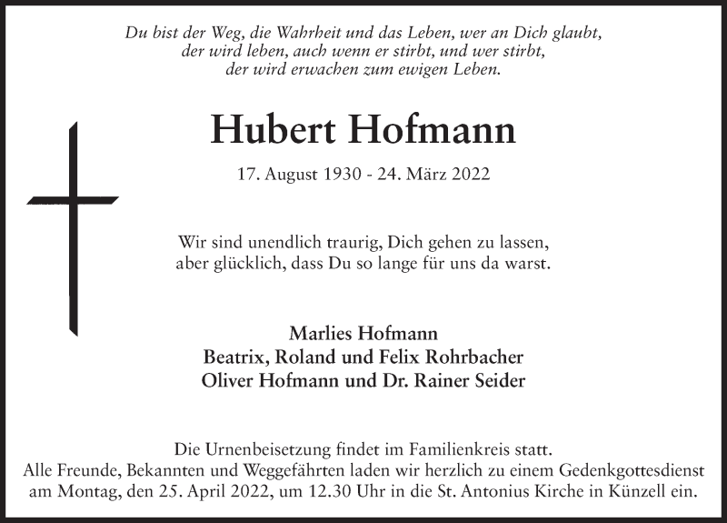  Traueranzeige für Hubert Hofmann vom 21.04.2022 aus FZ