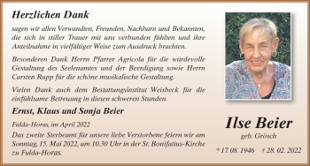 Traueranzeige von Ilse Beier von FZ