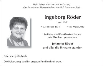 Traueranzeige von Ingeborg Röder von FZ