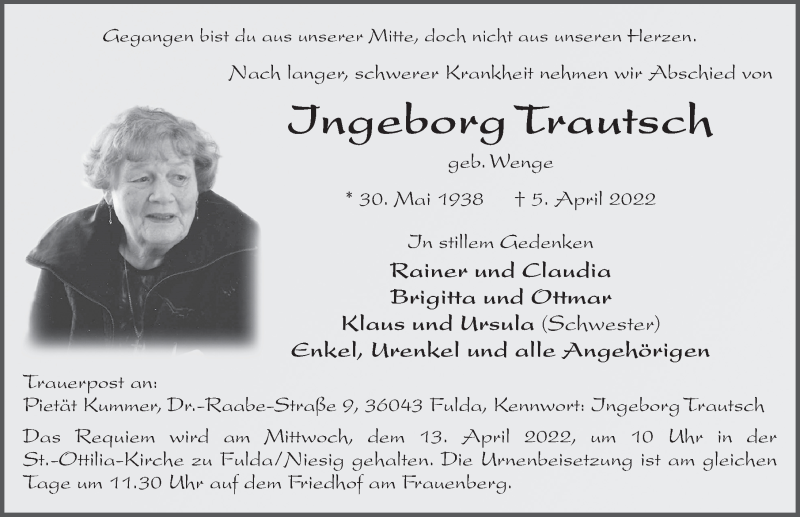  Traueranzeige für Ingeborg Trautsch vom 09.04.2022 aus FZ