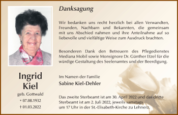 Traueranzeige von Ingrid Kiel von FZ