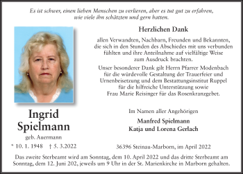 Traueranzeige von Ingrid Spielmann von FZ