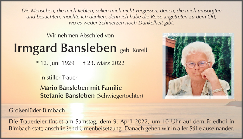  Traueranzeige für Irmgard Bansleben vom 05.04.2022 aus FZ