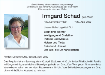 Traueranzeige von Irmgard Schad von FZ