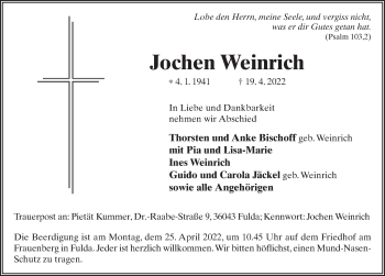 Traueranzeige von Jochen Weinrich von FZ