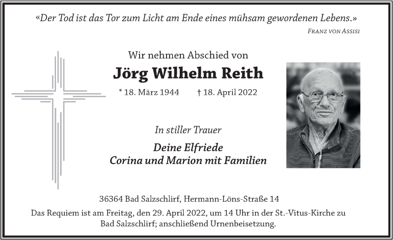  Traueranzeige für Jörg Wilhelm Reith vom 27.04.2022 aus FZ