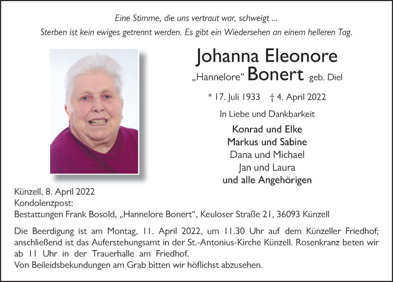  Traueranzeige für Johanna Eleonore Bonert vom 08.04.2022 aus FZ