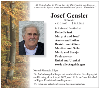 Traueranzeige von Josef Gensler von FZ