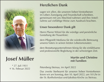 Traueranzeige von Josef Müller von FZ
