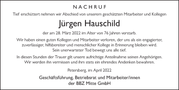 Traueranzeige von Jürgen Hauschild von FZ