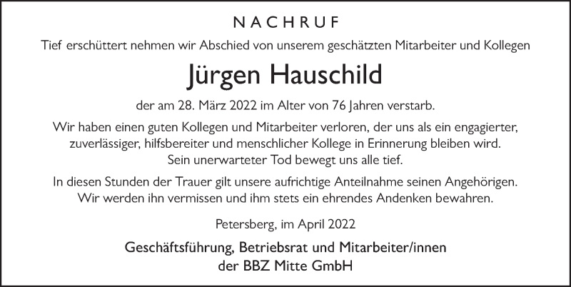  Traueranzeige für Jürgen Hauschild vom 04.04.2022 aus FZ