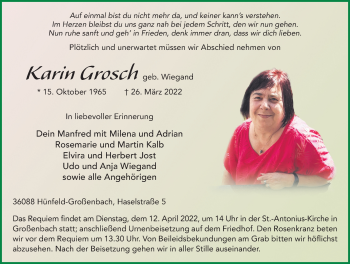 Traueranzeige von Karin Grosch von FZ