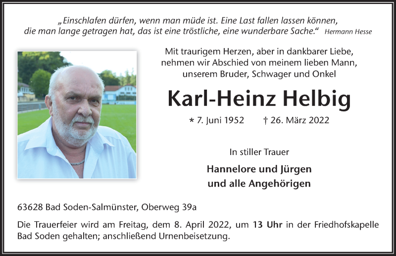  Traueranzeige für Karl-Heinz Helbig vom 04.04.2022 aus FZ