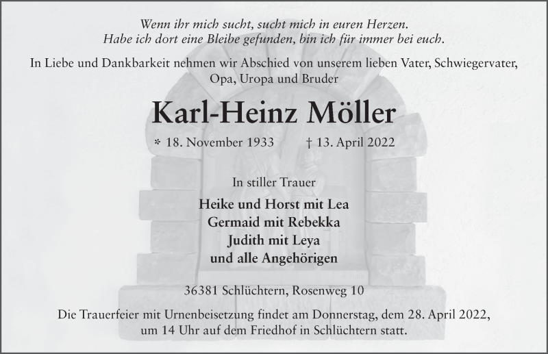  Traueranzeige für Karl-Heinz Möller vom 23.04.2022 aus FZ