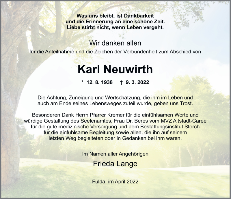 Traueranzeige für Karl Neuwirth vom 16.04.2022 aus FZ