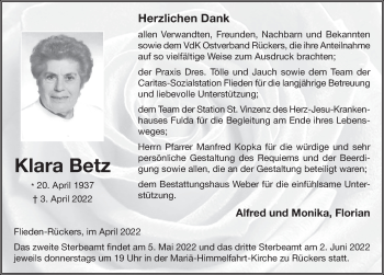 Traueranzeige von Klara Betz von FZ