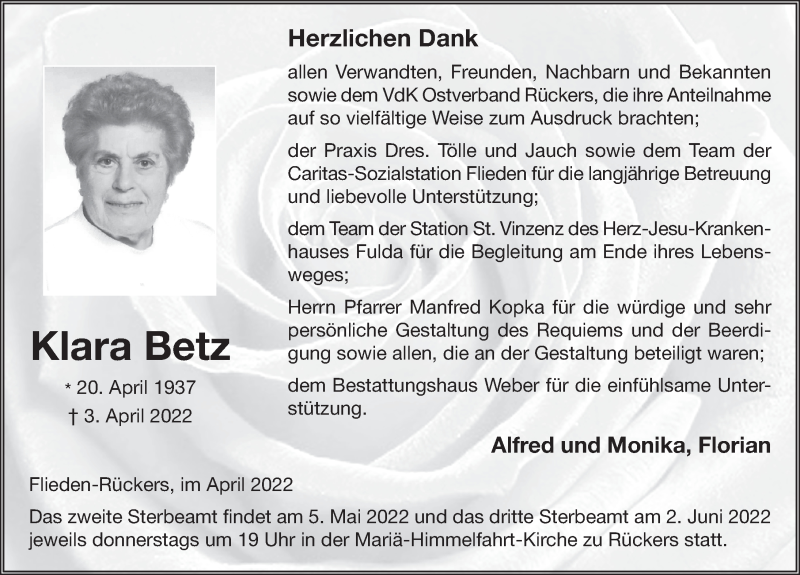 Traueranzeige für Klara Betz vom 29.04.2022 aus FZ