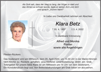 Traueranzeige von Klara Betz von FZ