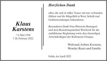 Traueranzeige von Klaus Karstens von FZ