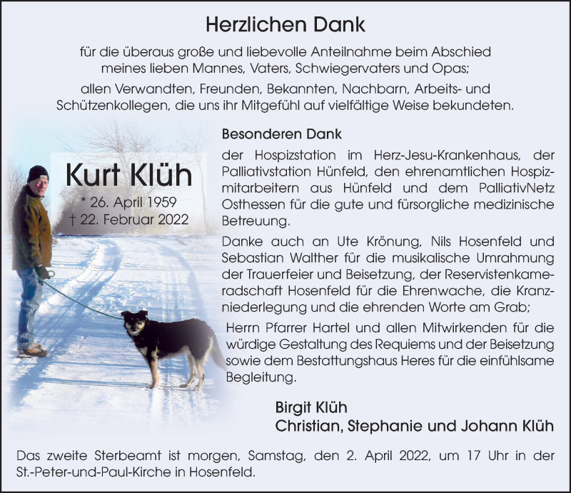  Traueranzeige für Kurt Klüh vom 01.04.2022 aus FZ
