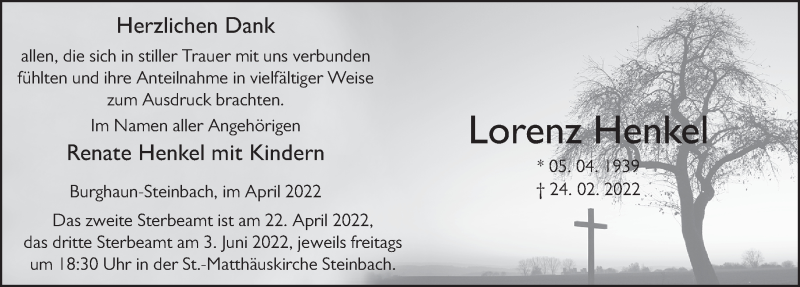  Traueranzeige für Lorenz Henkel vom 16.04.2022 aus FZ