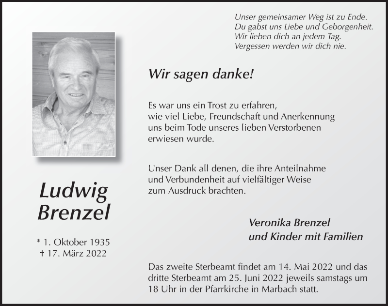  Traueranzeige für Ludwig Brenzel vom 29.04.2022 aus FZ