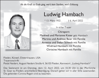Traueranzeige von Ludwig Hambach von FZ