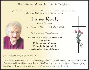 Traueranzeige von Luise Koch von FZ