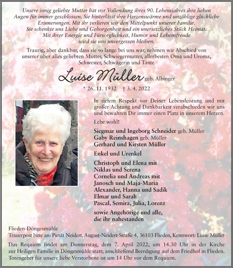  Traueranzeige für Luise Müller vom 05.04.2022 aus FZ