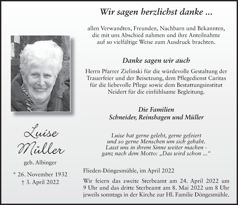  Traueranzeige für Luise Müller vom 21.04.2022 aus FZ