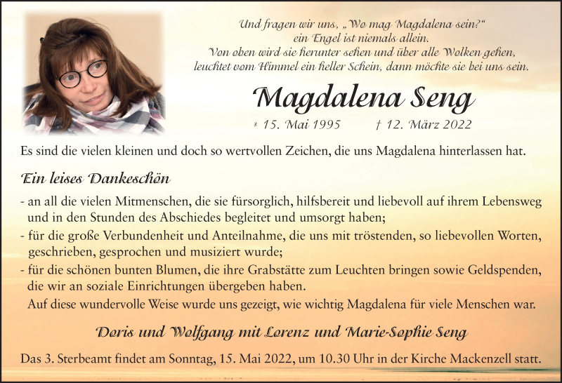  Traueranzeige für Magdalena Seng vom 23.04.2022 aus FZ